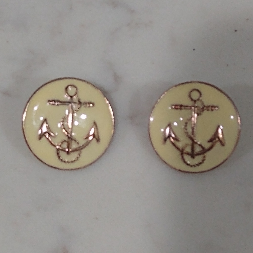 Anchor Button Earrings: Cream & Gold